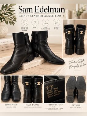 Sam Edelman Lainey Black Leather Ankle Boots Gold Hardware 7